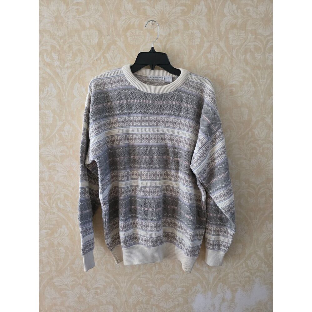 Vintage Claiborne Sweater Men’s L Made in USA 100% Cotton Fair Isle Pastel 90s